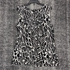 Alfani Petite Black White Abstract Top‎ Women's P/M Sleeveless Ruffle Neck